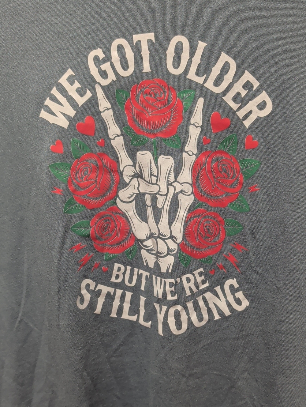Graphic Tee - Gray 'We Got Older' Rose Skeleton Design